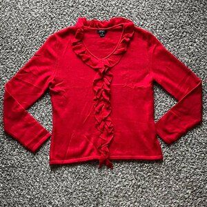 100% Cashmere Prive Blouse Women Medium Red Ruffle Long Sleeve Festive Elegant